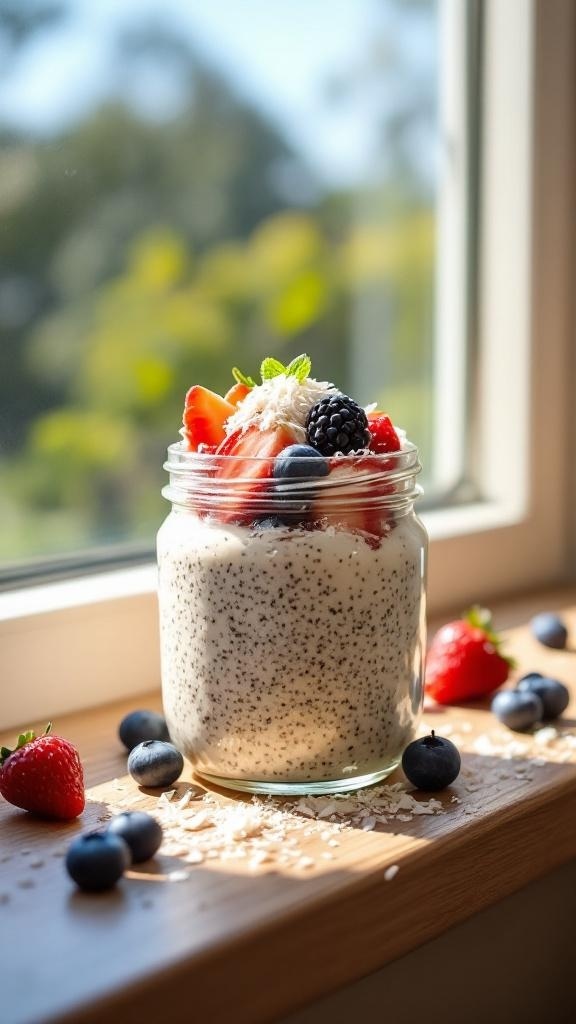 A jar of chia seed pudding topped with strawberries, blueberries, and coconut flakes, sitting on a windowsill.