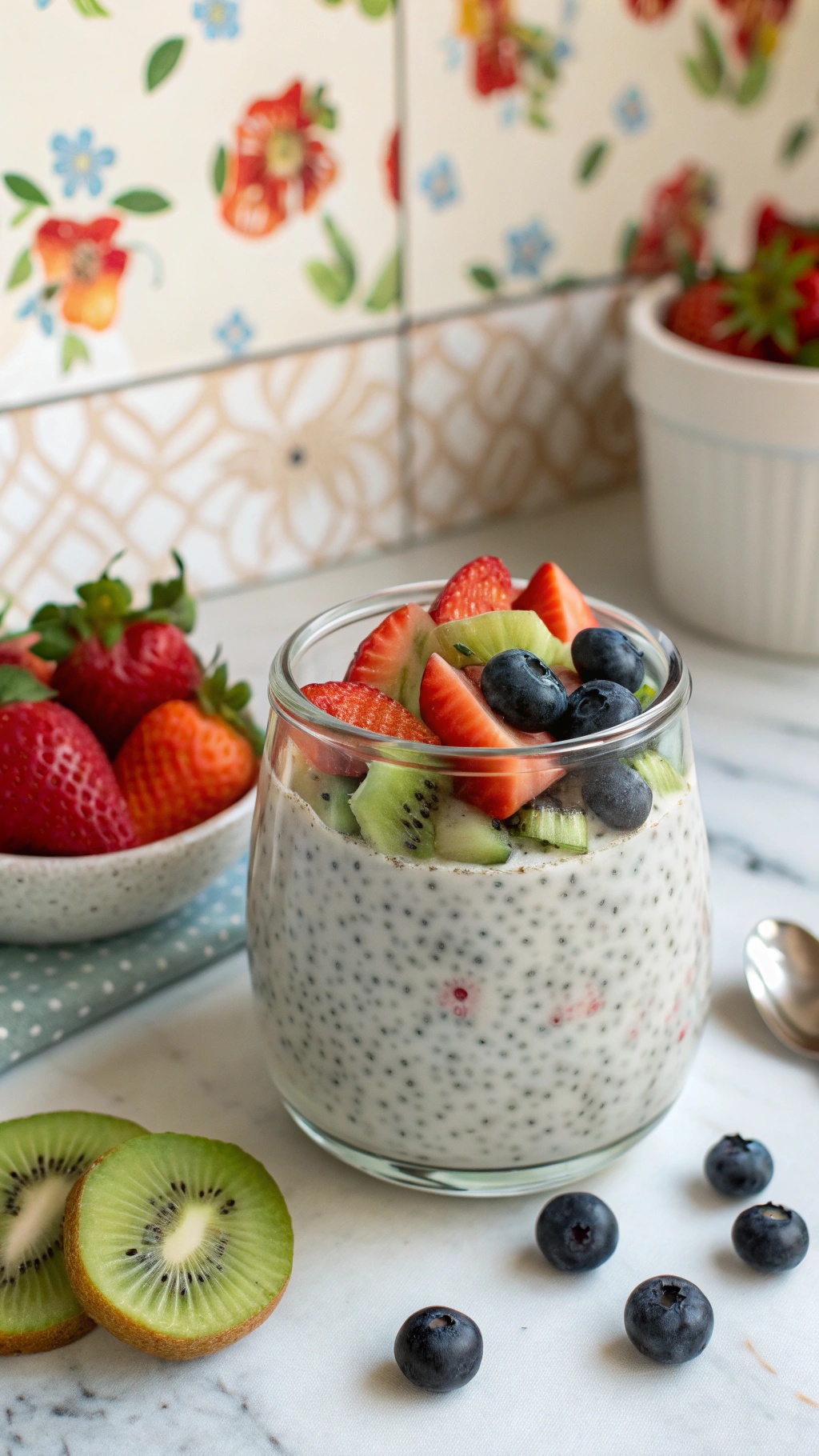 Chia seed pudding topped with fresh fruits like strawberries, blueberries, and kiwi, with a bowl of strawberries in the background.