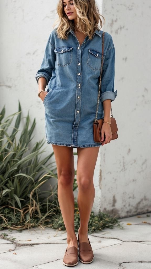A woman wearing a denim shirt dress with slip-on shoes, standing in front of a light background.