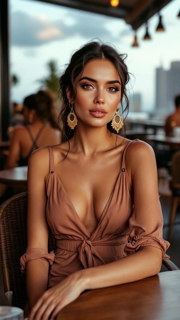 A woman wearing a chic jumpsuit and statement earrings, sitting at a restaurant.