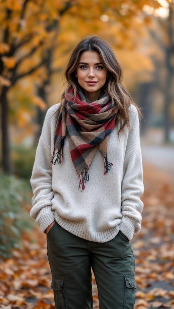 A woman wearing a cream sweater and plaid scarf with olive green cargo pants, surrounded by autumn leaves.