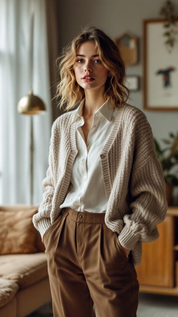 A woman wearing an oversized beige cardigan over a white shirt and brown trousers, standing in a cozy living room.