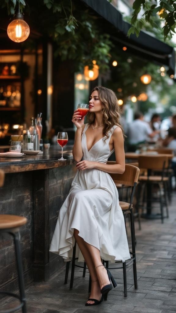 A woman in a chic midi dress and block heels enjoying a drink at a stylish outdoor bar.