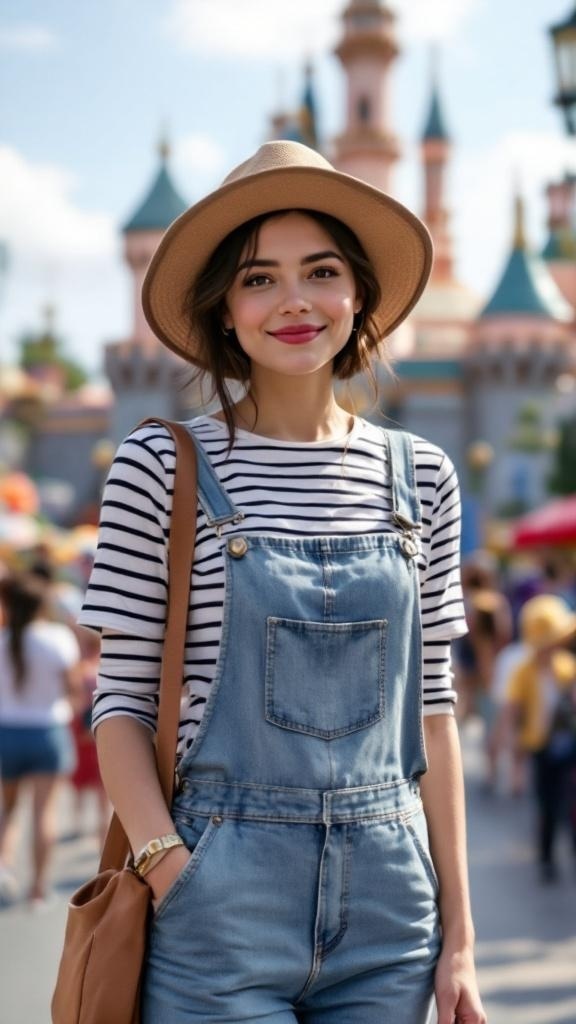 A young woman wearing denim overalls and a striped top at Disneyland with a castle in the background.