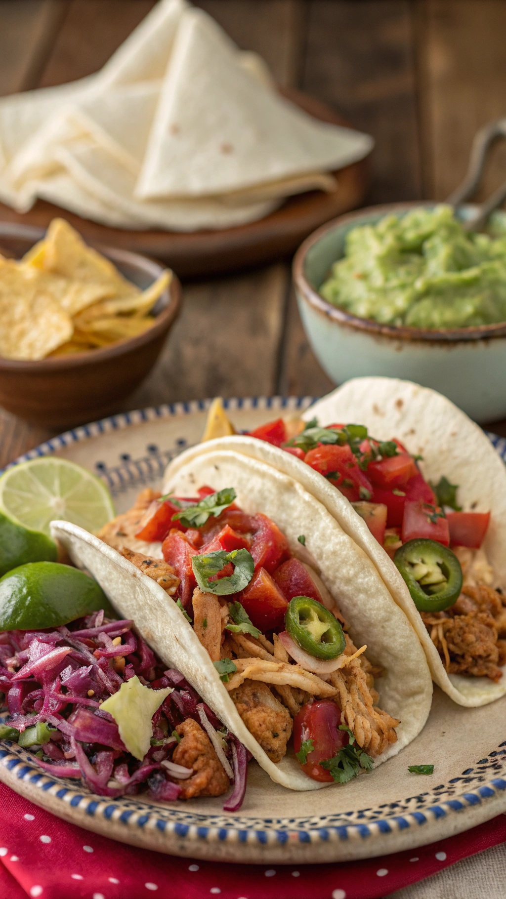 Spicy shredded chicken tacos with fresh toppings and sides of guacamole and tortilla chips.