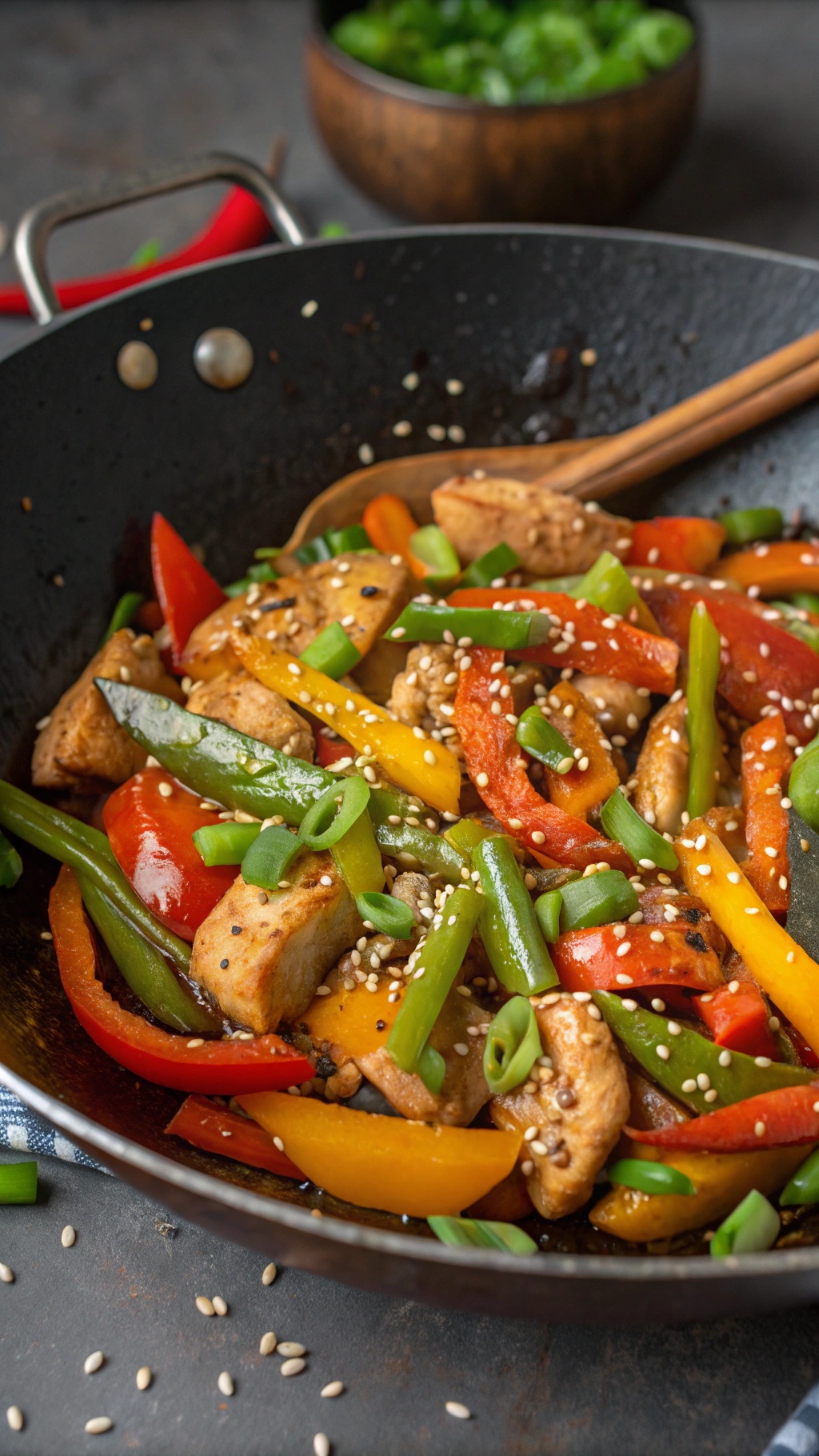 A colorful chicken stir-fry with mixed vegetables in a wok, garnished with sesame seeds and green onions.