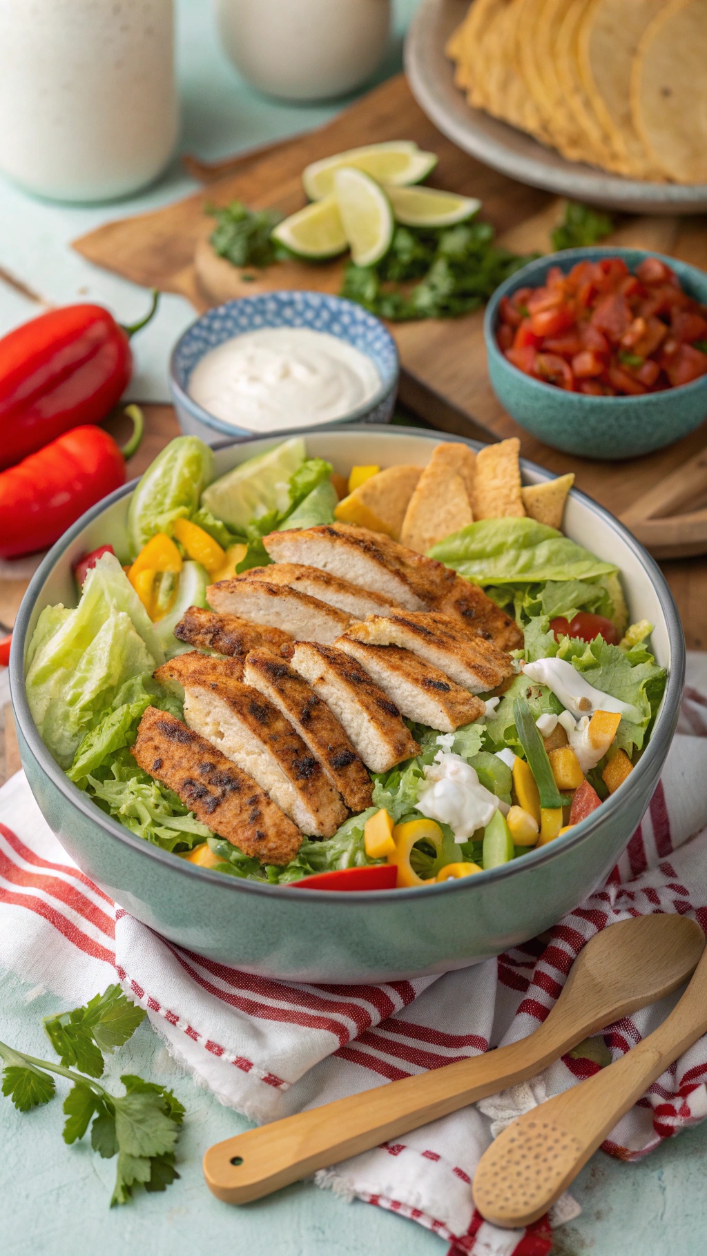 A colorful chicken taco salad with grilled chicken, lettuce, tomatoes, bell peppers, and tortilla chips.