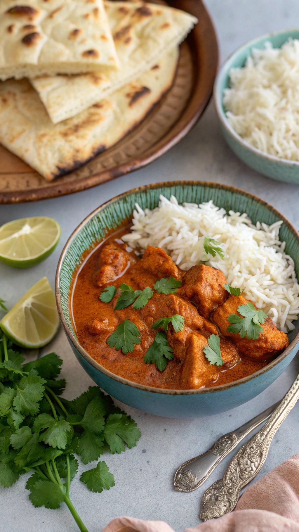 A bowl of Chicken Tikka Masala with rice and naan, garnished with cilantro and lime.