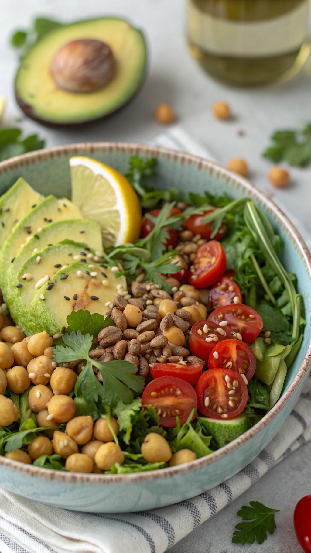 A colorful chickpea and avocado taco salad in a bowl with greens, tomatoes, and lemon.