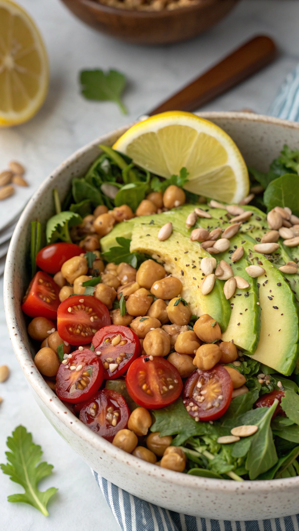 A vibrant chickpea and avocado taco salad with cherry tomatoes and sunflower seeds.