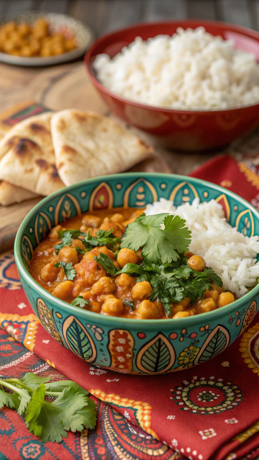 A bowl of chickpea and spinach tikka masala served with rice and naan
