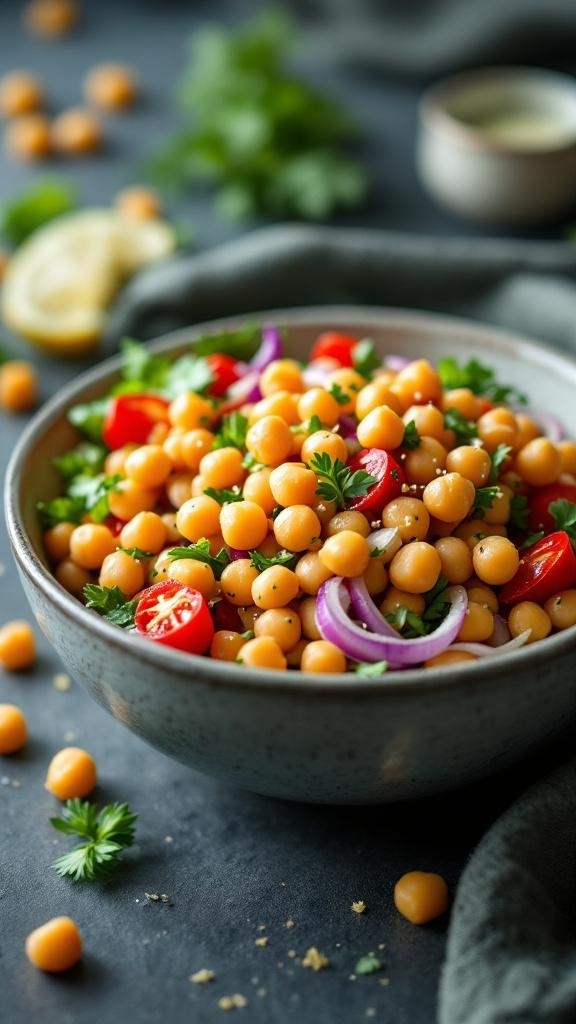 A bowl of chickpea salad with cherry tomatoes, red onions, and parsley.