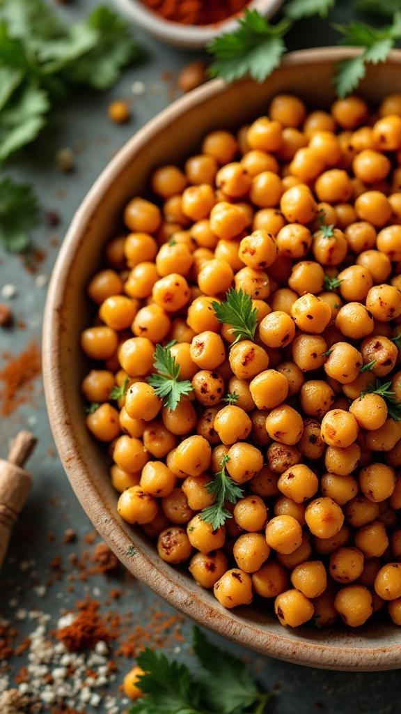 A bowl of golden chickpeas garnished with fresh herbs, surrounded by spices.