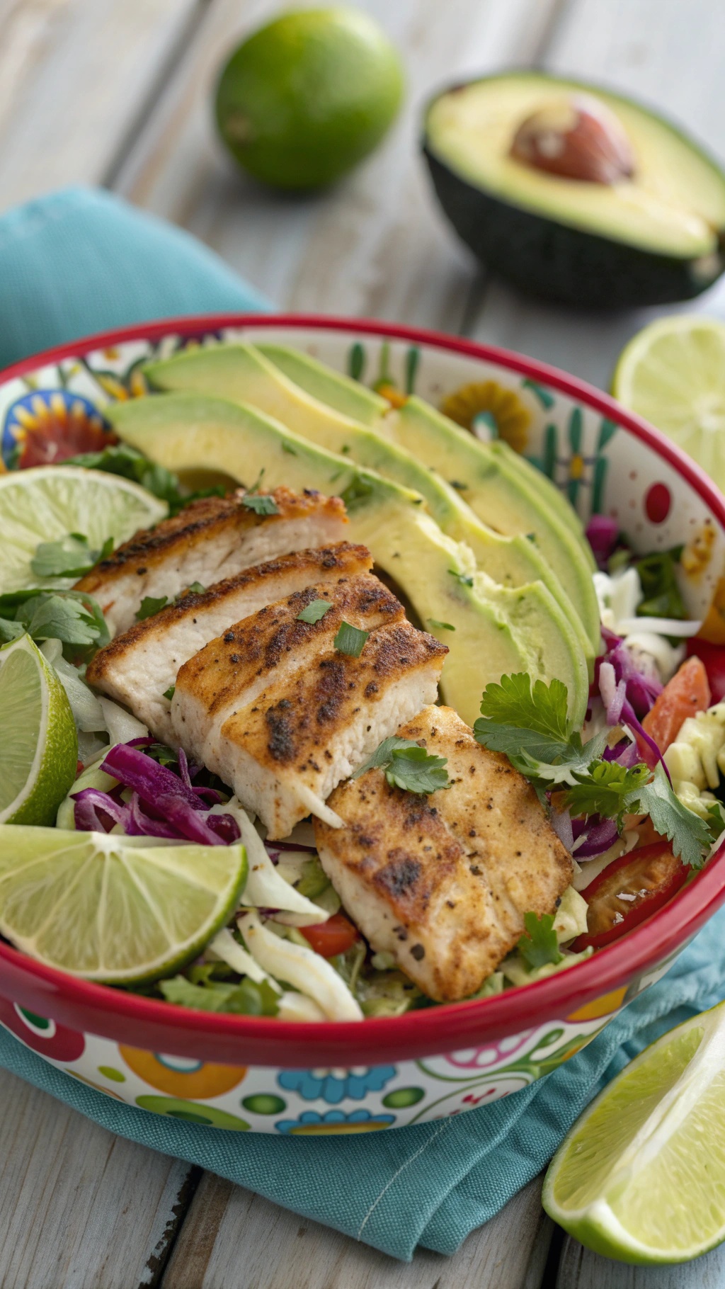 Chili-lime fish taco salad with grilled fish, avocado, and fresh vegetables.