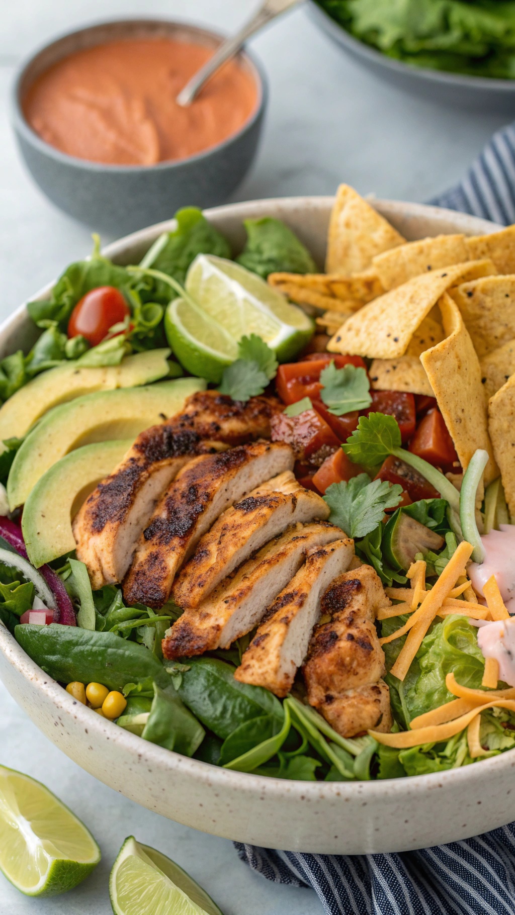 A colorful bowl of chili lime chicken taco salad with grilled chicken, avocado, cherry tomatoes, and tortilla strips.
