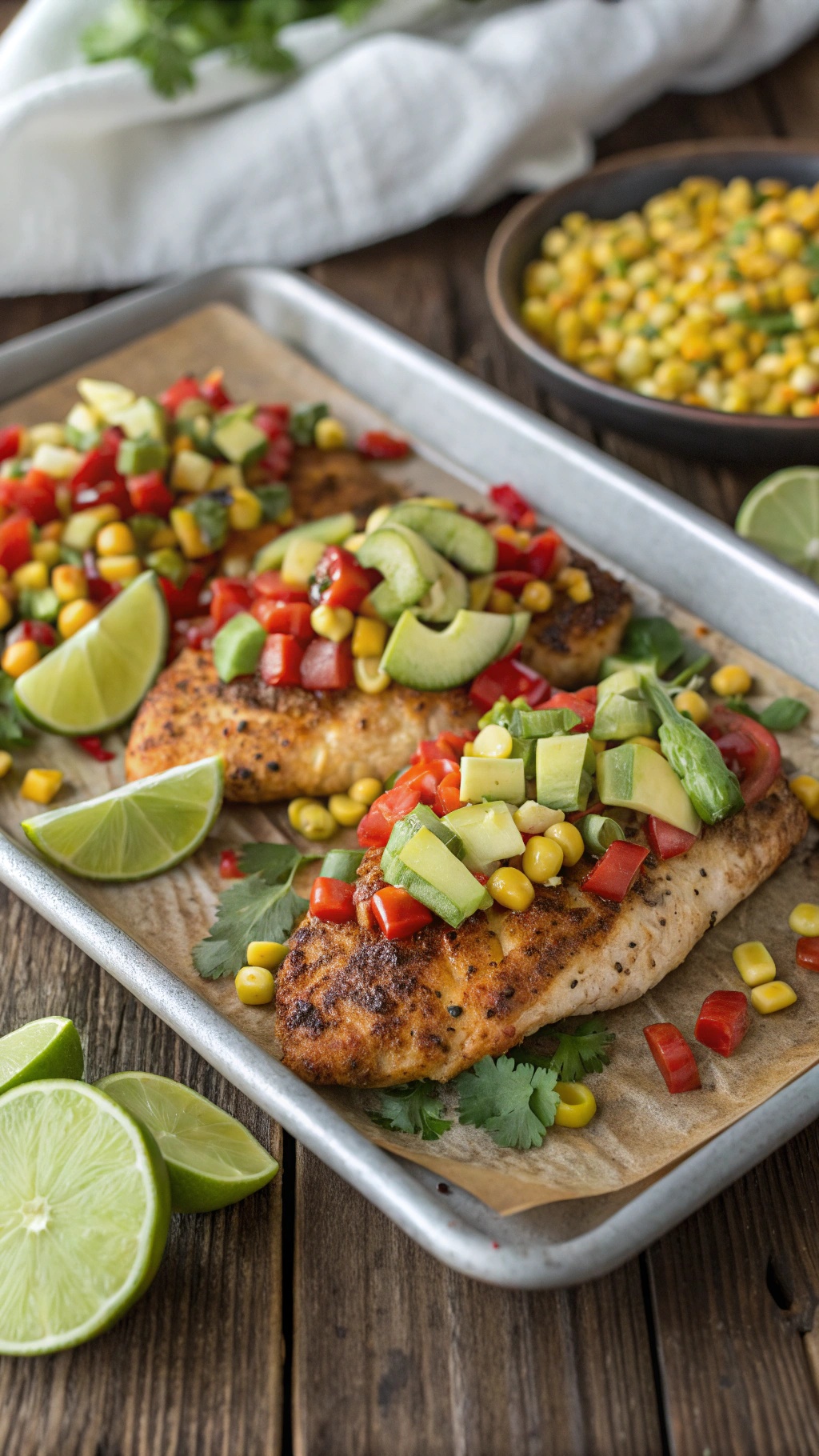 Chili lime chicken topped with corn and avocado salsa on a sheet pan
