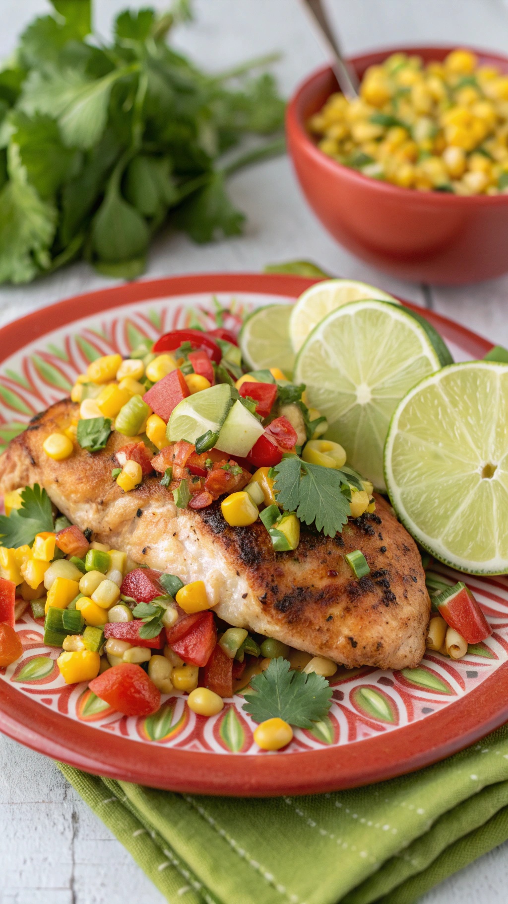 Chili Lime Chicken with Corn Salsa served on a colorful plate with lime wedges and fresh herbs.