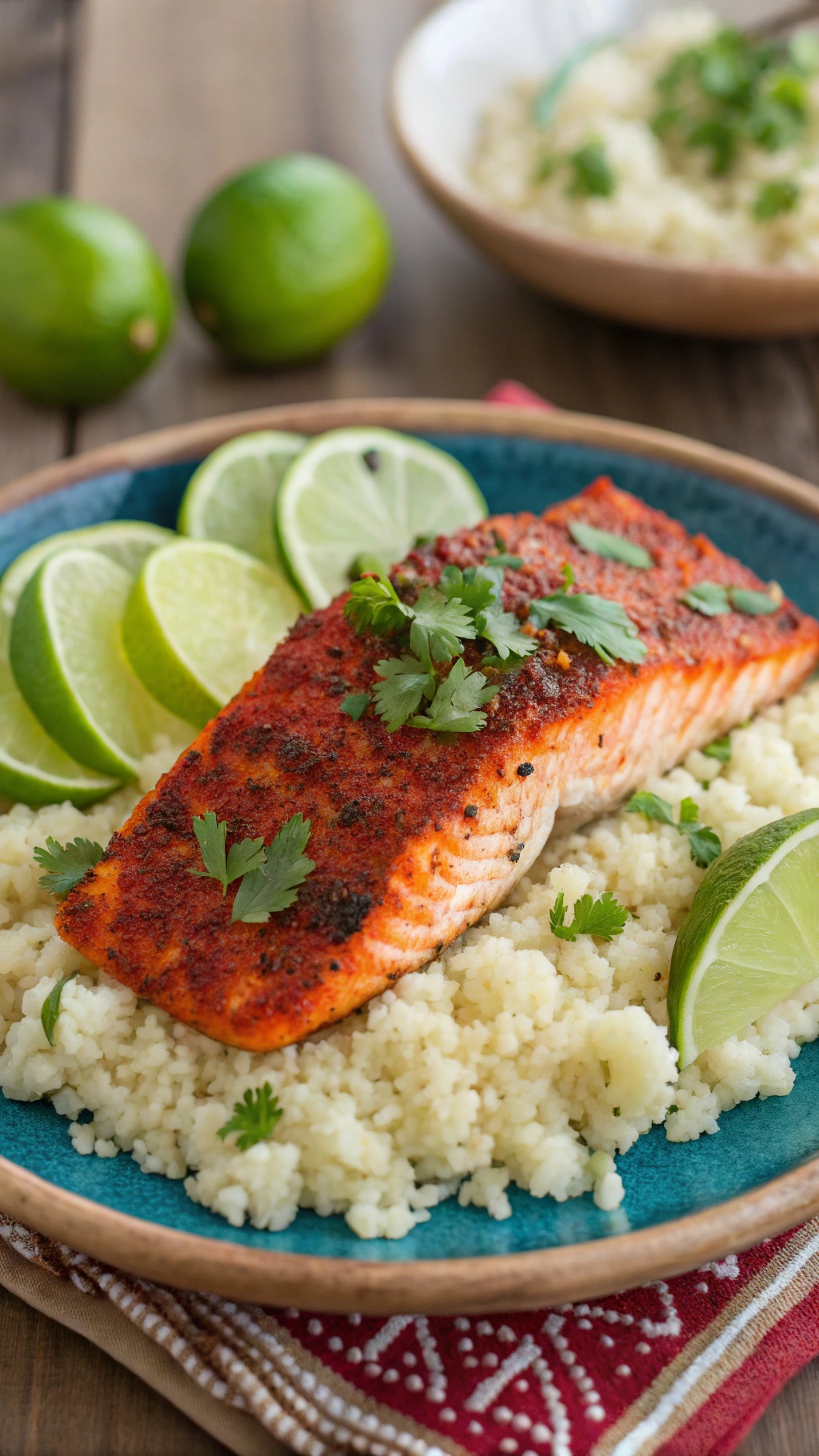 Chili Lime Salmon served with cauliflower rice and lime wedges