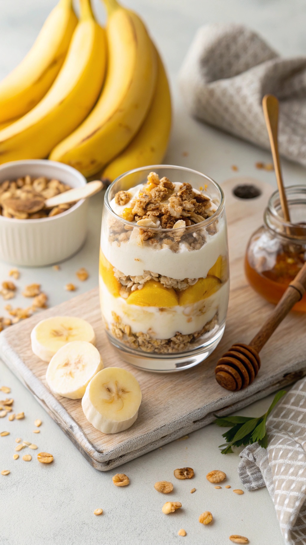 Chilled banana yogurt parfait with granola and honey, surrounded by bananas and a cozy kitchen setting.