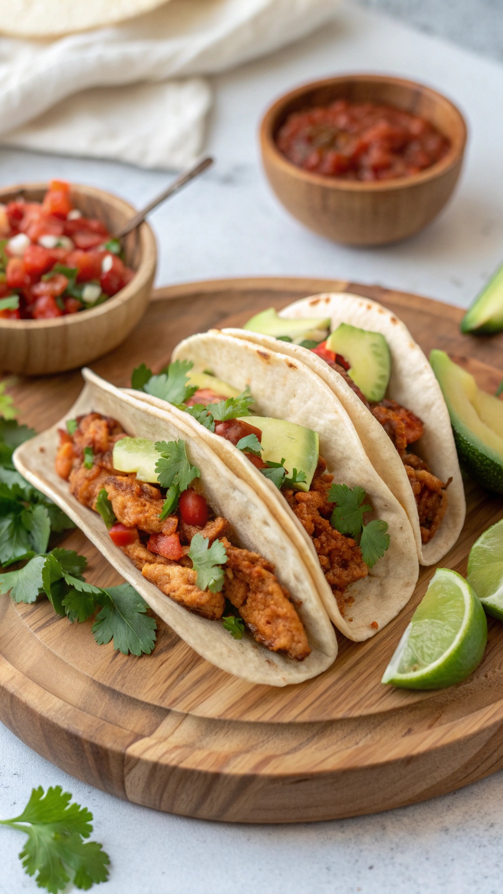 Three chipotle chicken tacos topped with tomatoes, avocado, and cilantro, served with lime wedges and salsa.