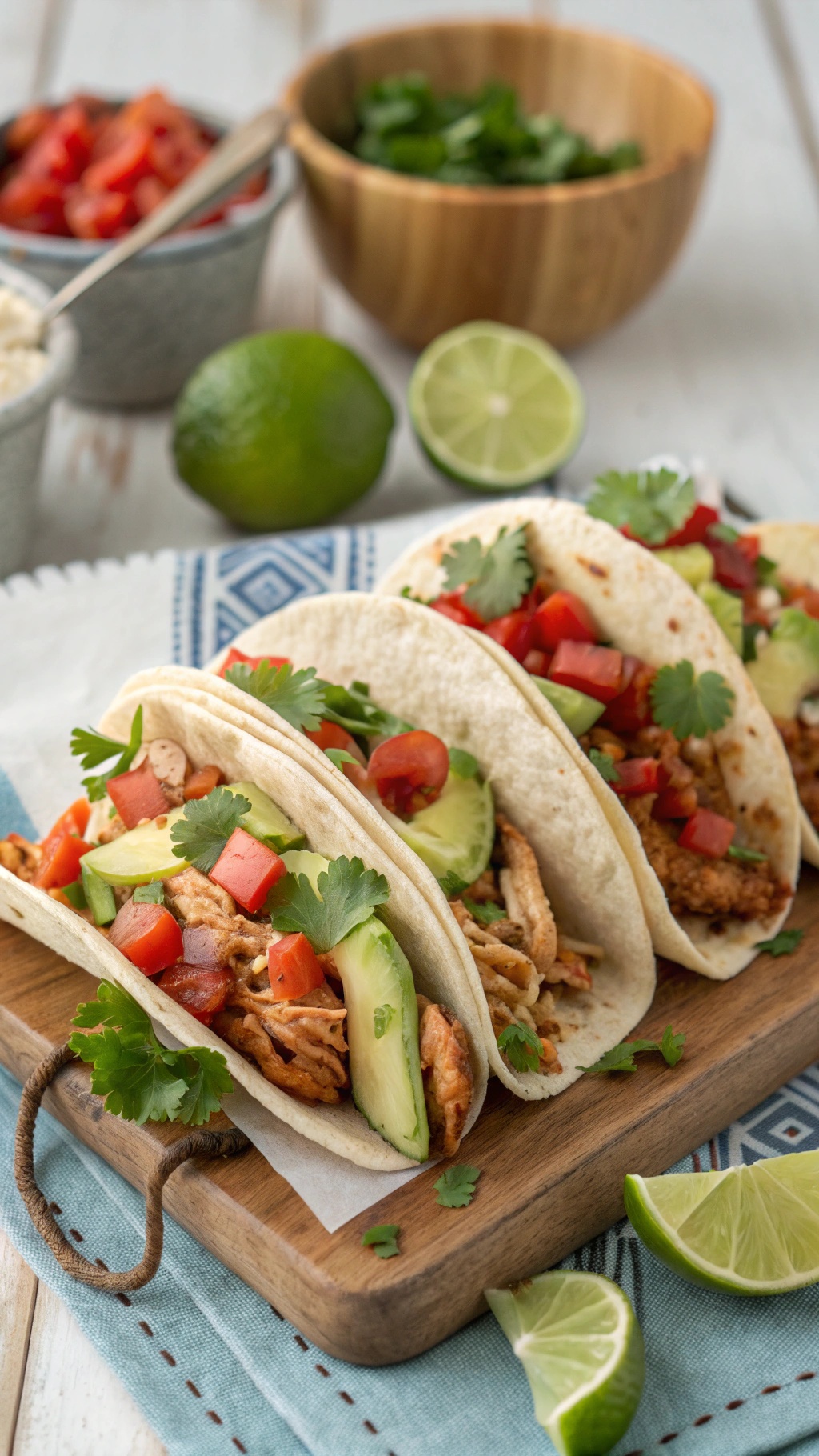 Delicious chipotle chicken tacos with fresh toppings on a wooden board