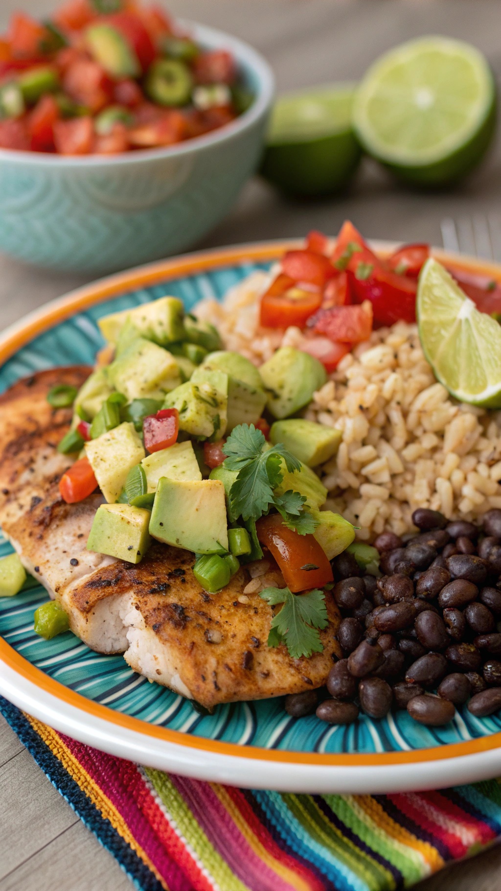 A plate of Chipotle Lime Chicken with Avocado Salsa, brown rice, and black beans, garnished with lime wedges.