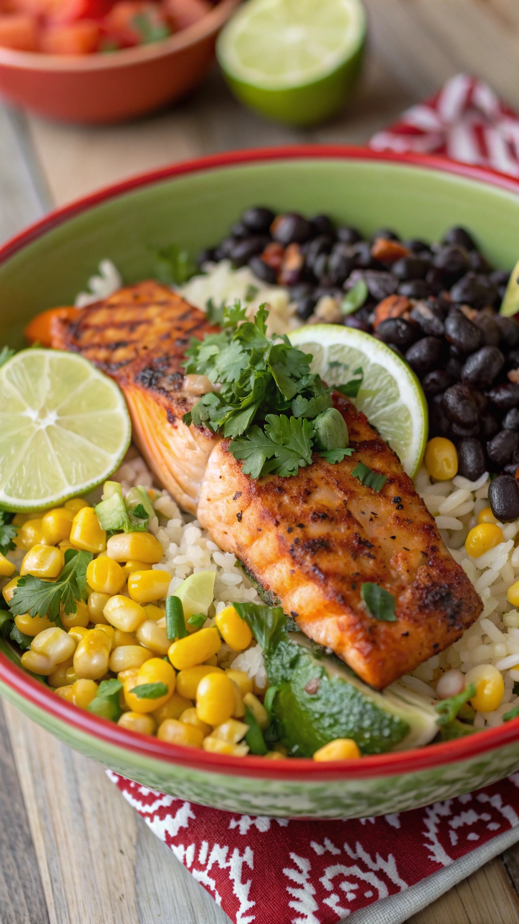 A colorful Chipotle Lime Salmon Bowl featuring grilled salmon, black beans, corn, and lime slices.