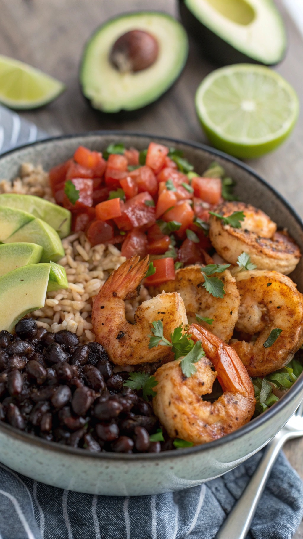 A colorful chipotle shrimp bowl with brown rice, black beans, avocado, tomatoes, and lime.