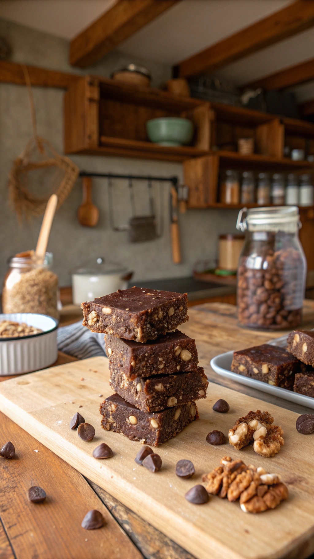 A stack of choco-nut energy bars on a wooden board, surrounded by nuts and chocolate chips in a cozy kitchen setting.