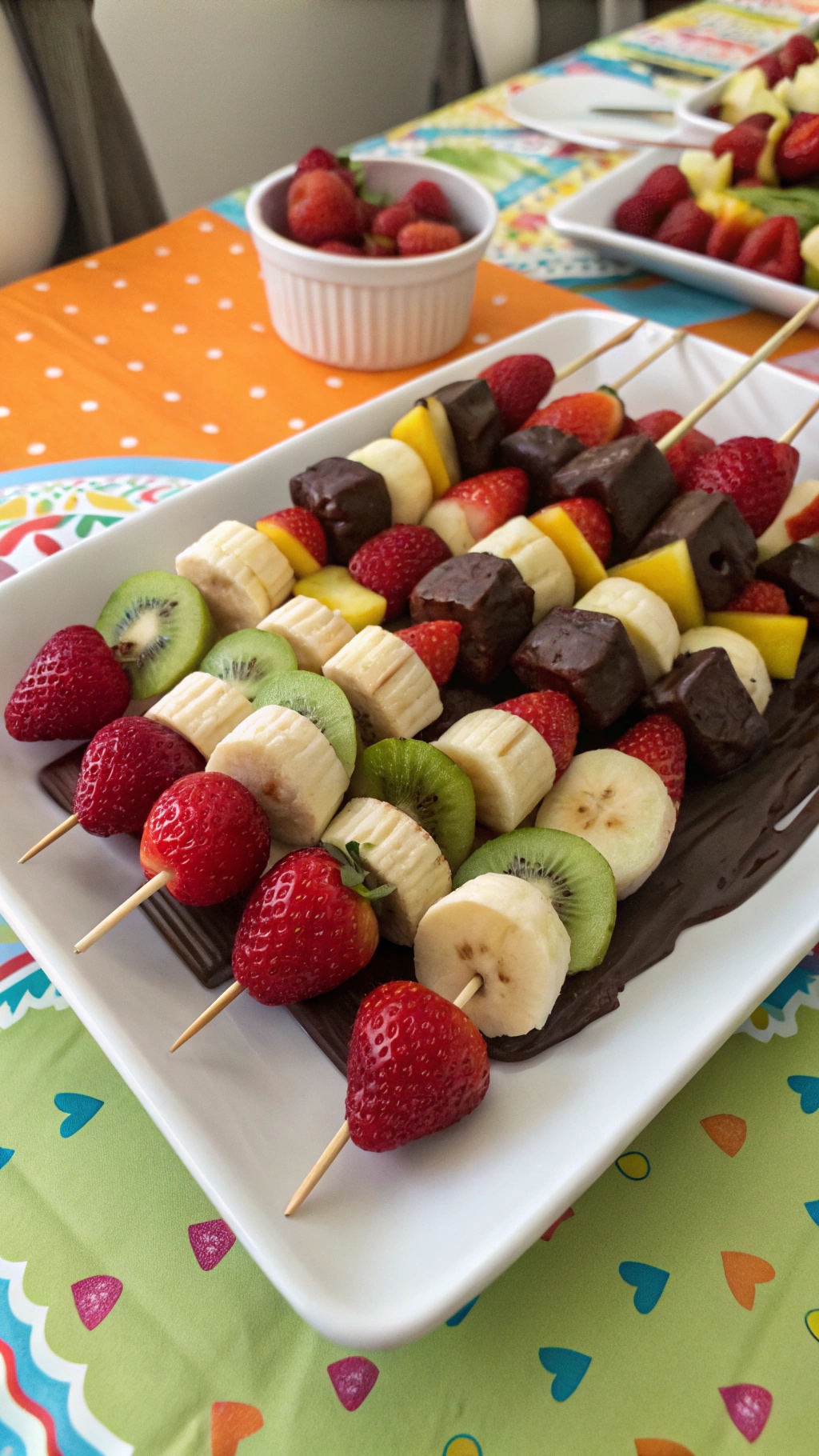 Colorful fruit skewers with strawberries, bananas, and kiwis dipped in chocolate.