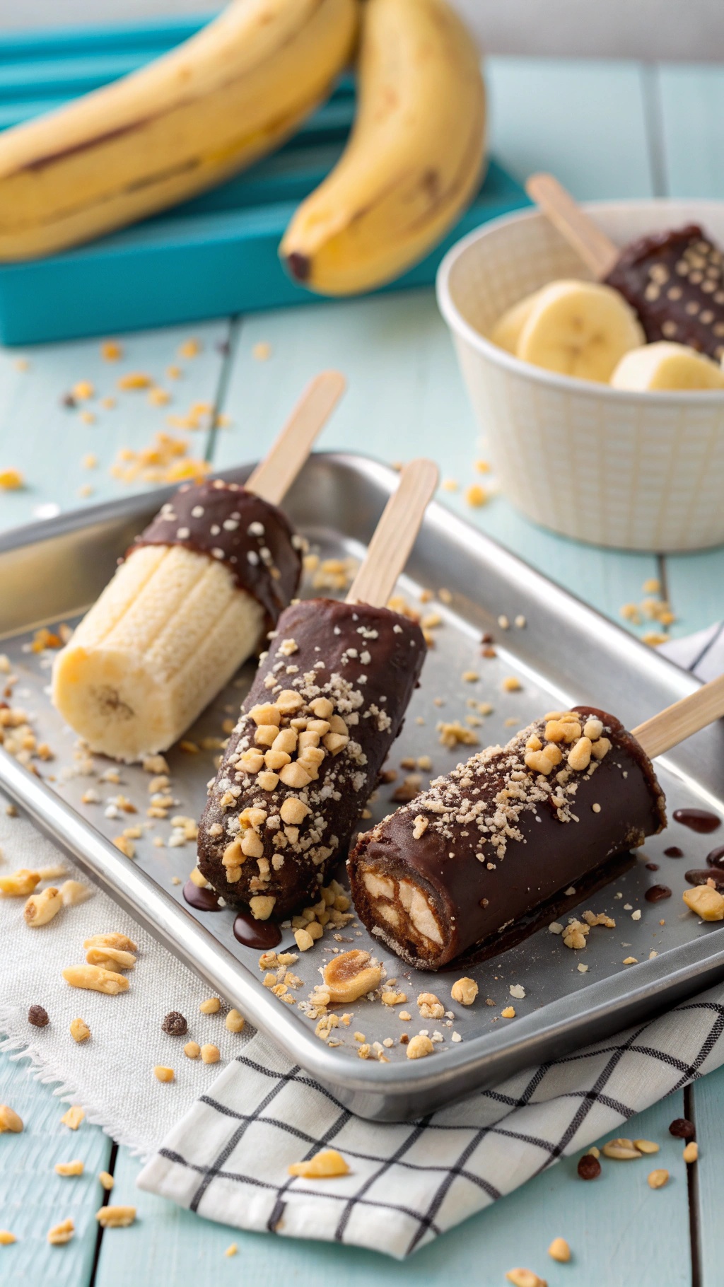 Chocolate-dipped frozen banana pops on a tray with crushed nuts and sprinkles