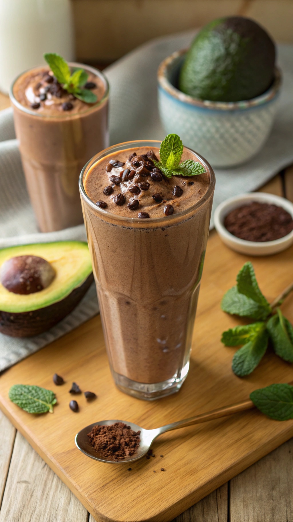 A delicious Chocolate Avocado Dream Smoothie in a glass, topped with chocolate chips and mint leaves, with avocados and cocoa powder in the background.