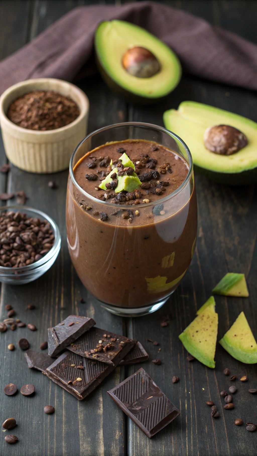 A delicious chocolate avocado smoothie garnished with cacao nibs and fresh avocado slices, surrounded by cocoa powder and chocolate pieces.