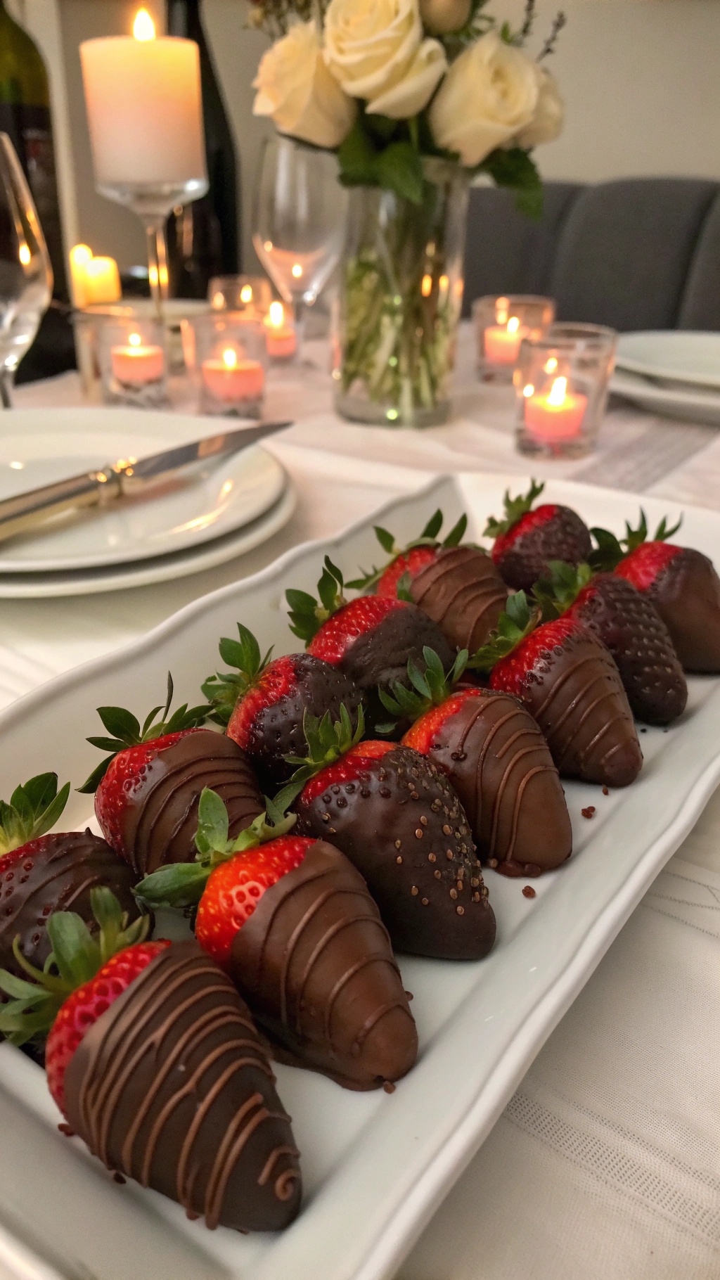 A platter of chocolate covered strawberries elegantly arranged with candles in the background.