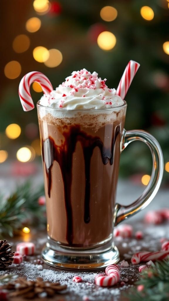 A festive Chocolate Peppermint Mocktail topped with whipped cream and candy canes.