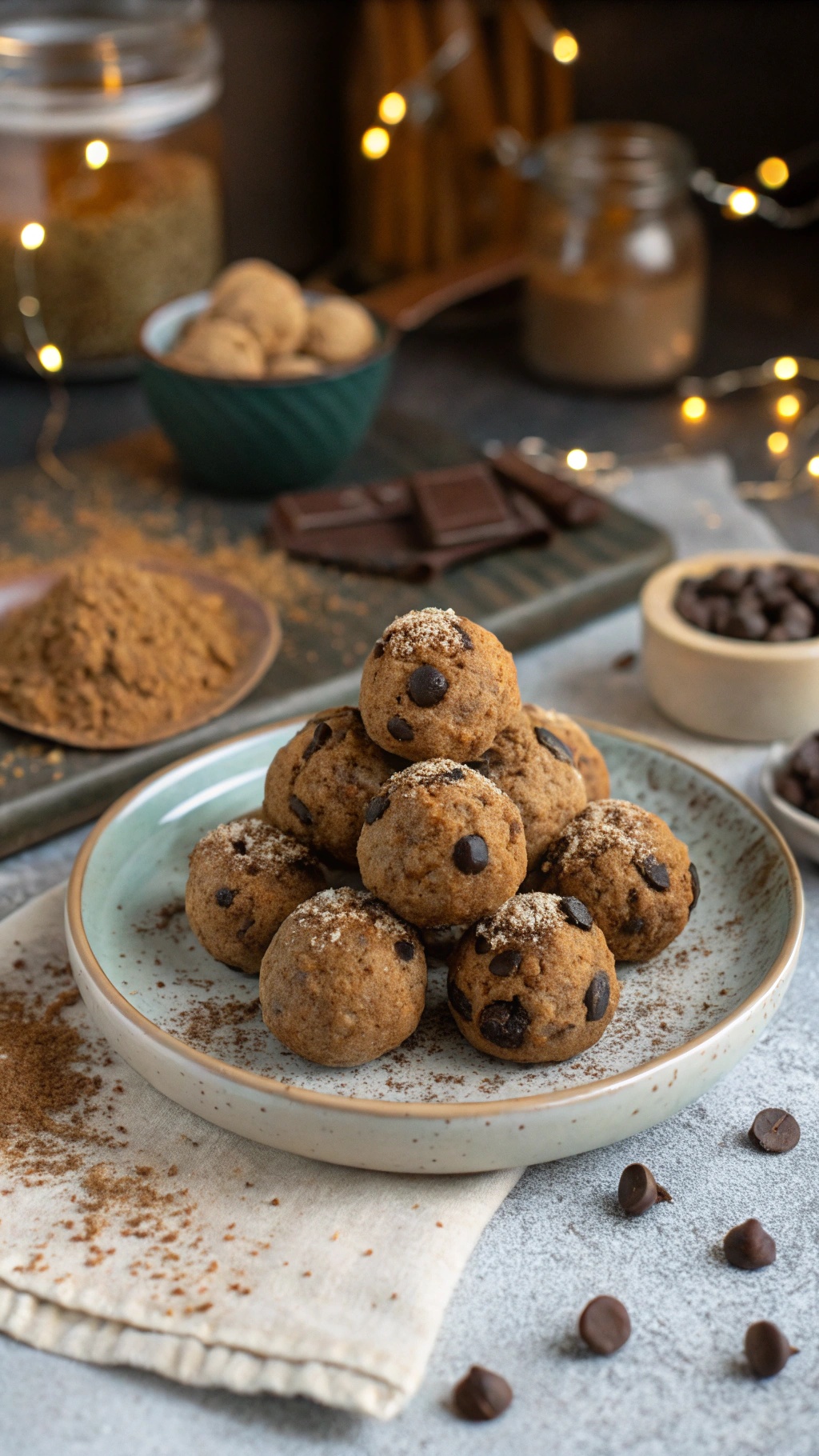 A plate of chocolate protein balls with oats, sprinkled with cocoa powder and chocolate chips, set in a cozy kitchen environment.