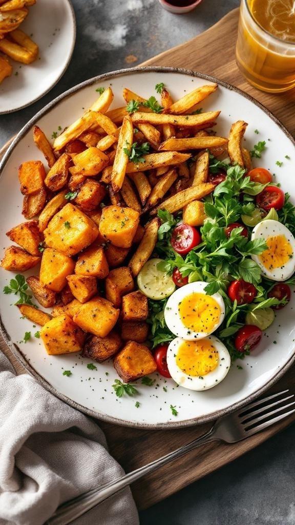 A plate featuring crispy fries, a vibrant salad with tomatoes and boiled eggs, and a glass of iced drink.