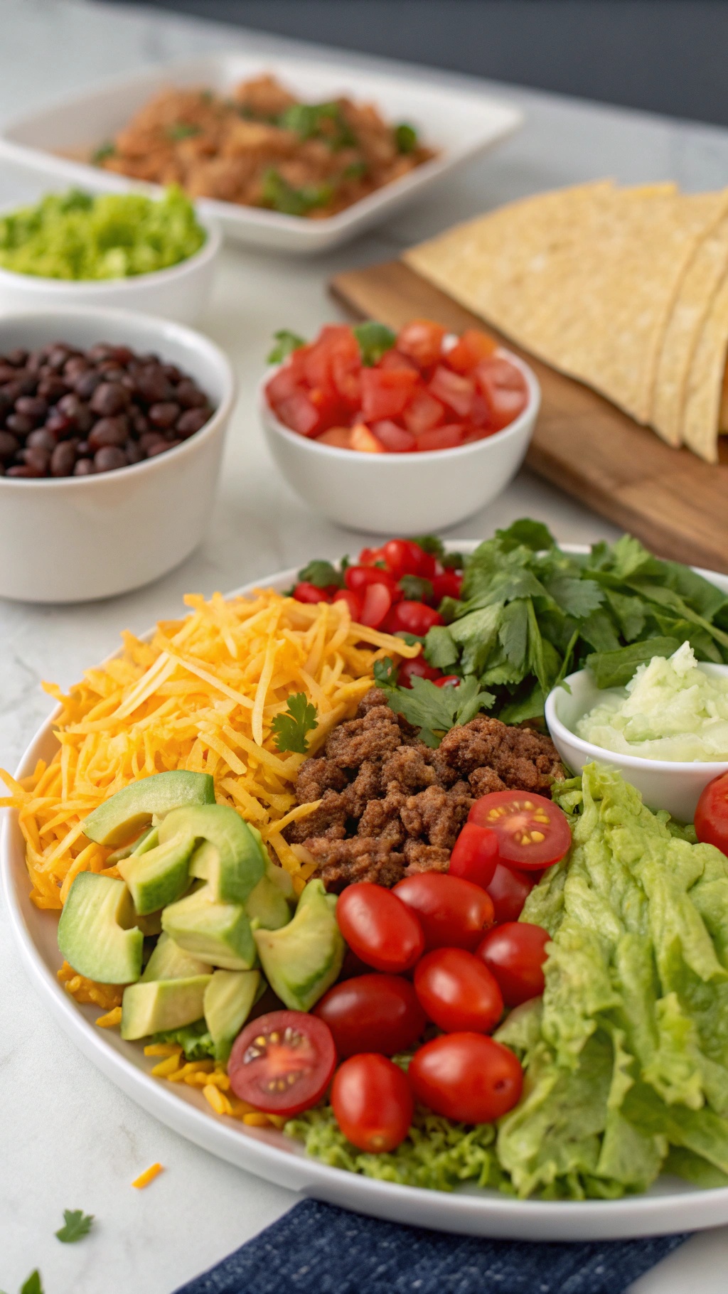 A colorful taco salad bar with ingredients like lettuce, tomatoes, cheese, ground beef, black beans, and guacamole.