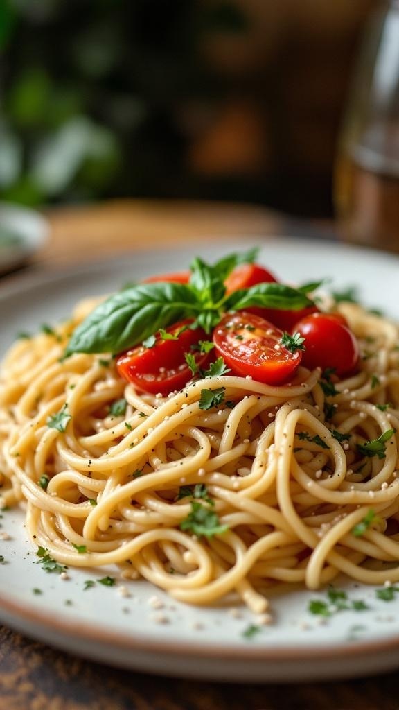 A plate of pasta topped with fresh tomatoes and basil.