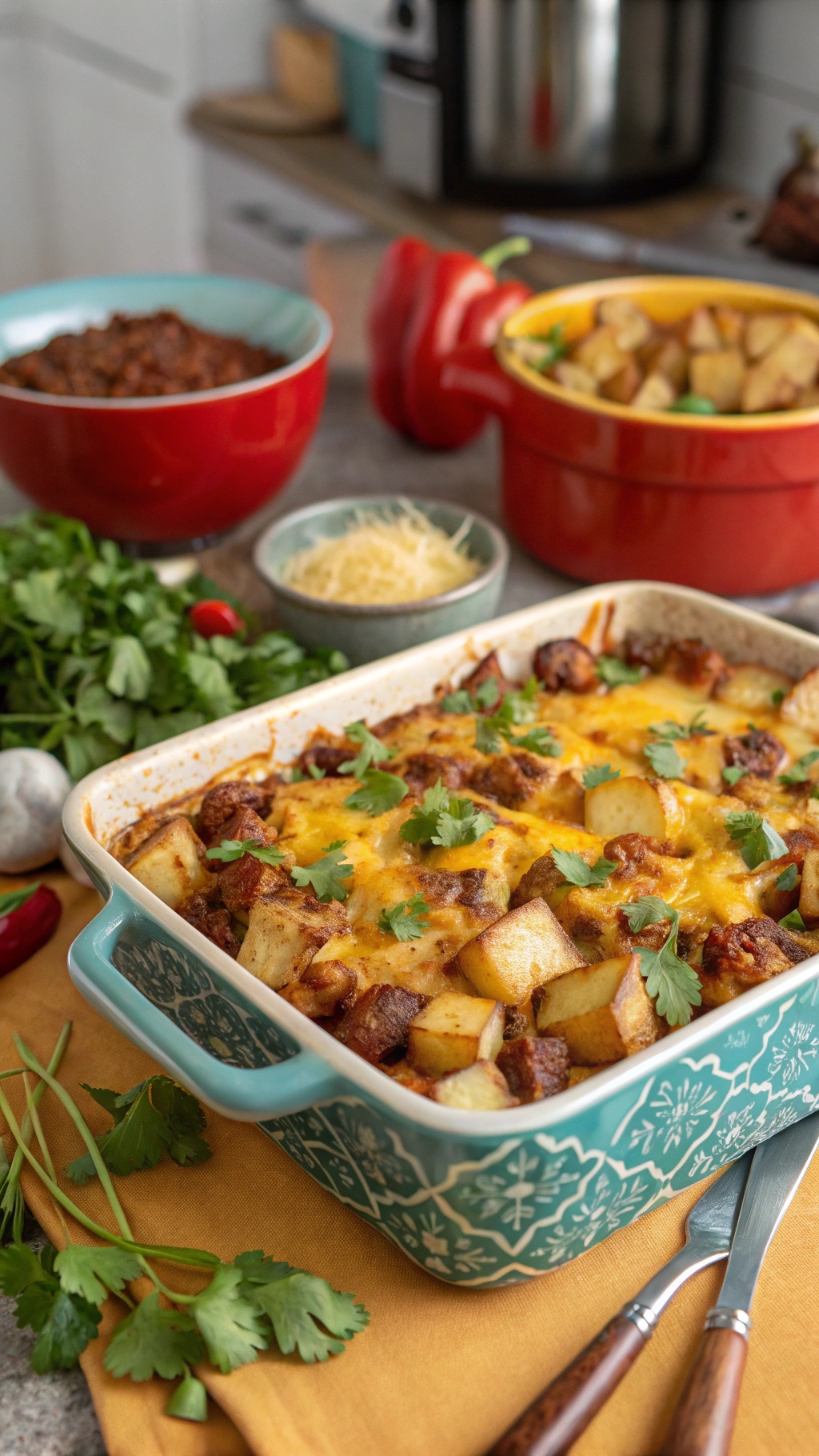 Chorizo and potato breakfast casserole topped with cheese and cilantro, served in a colorful baking dish.
