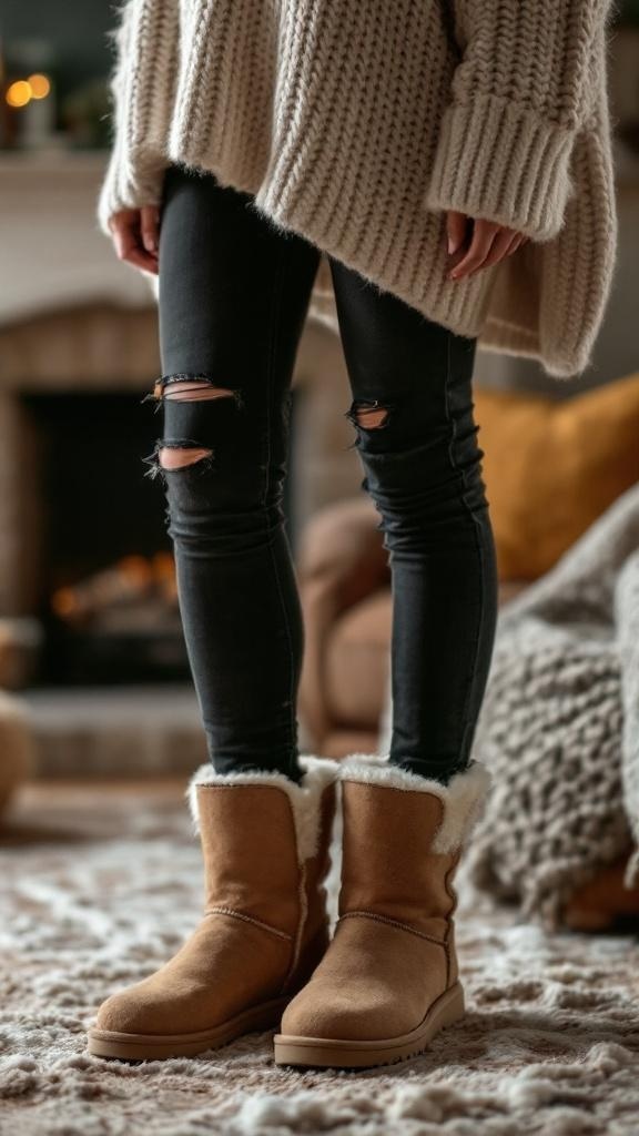A person wearing a chunky knit sweater, ripped skinny jeans, and Ugg boots, standing on a cozy rug near a fireplace.