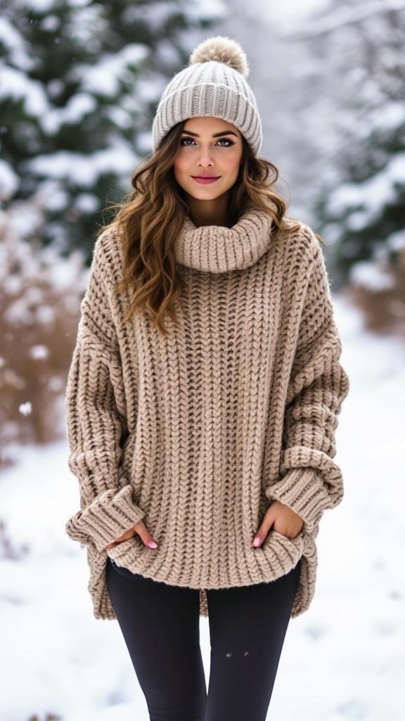 A woman wearing a chunky knit sweater and leggings in a snowy outdoor setting.