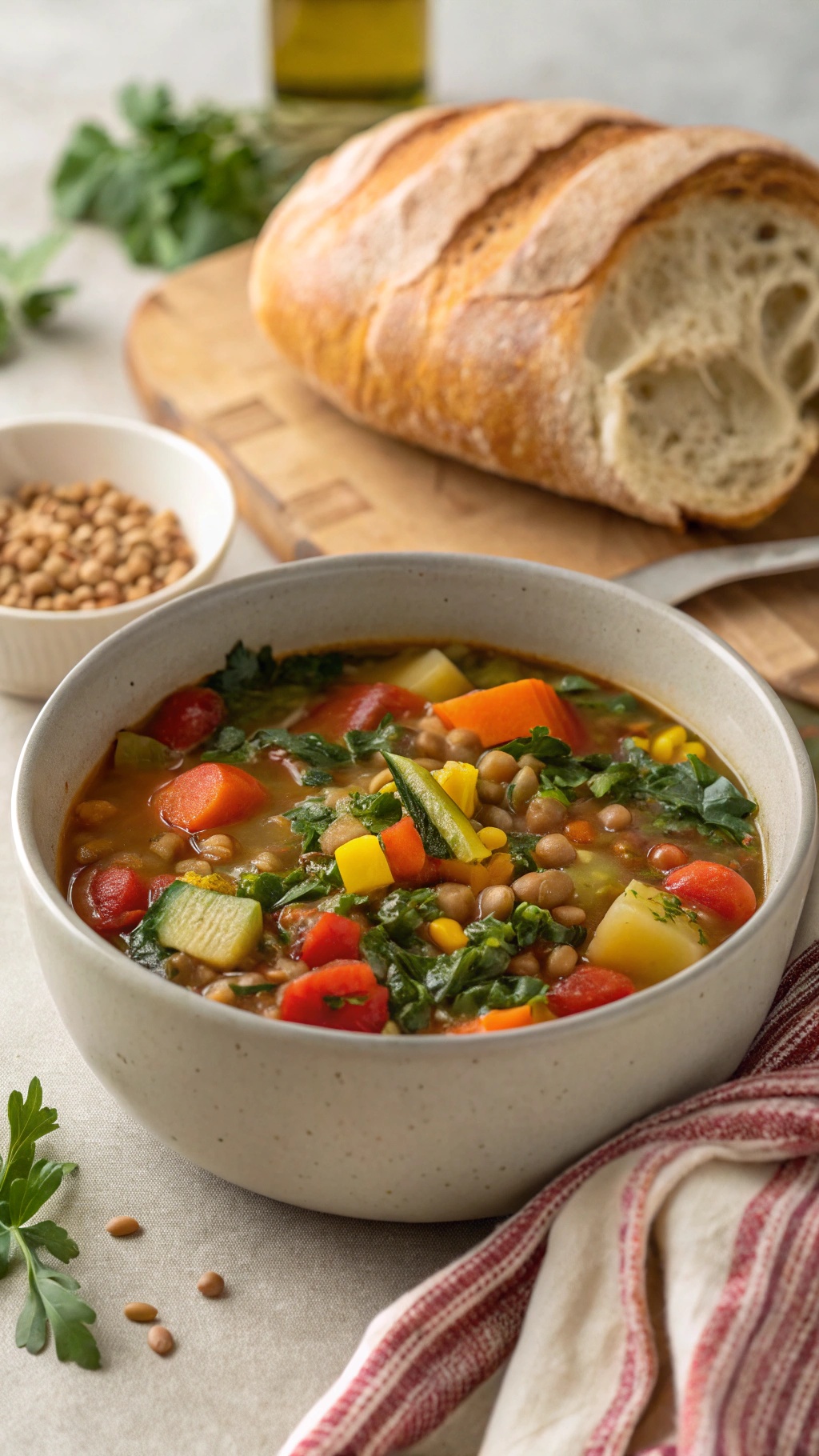 A bowl of chunky vegetable and lentil soup with colorful vegetables and a loaf of bread on the side.