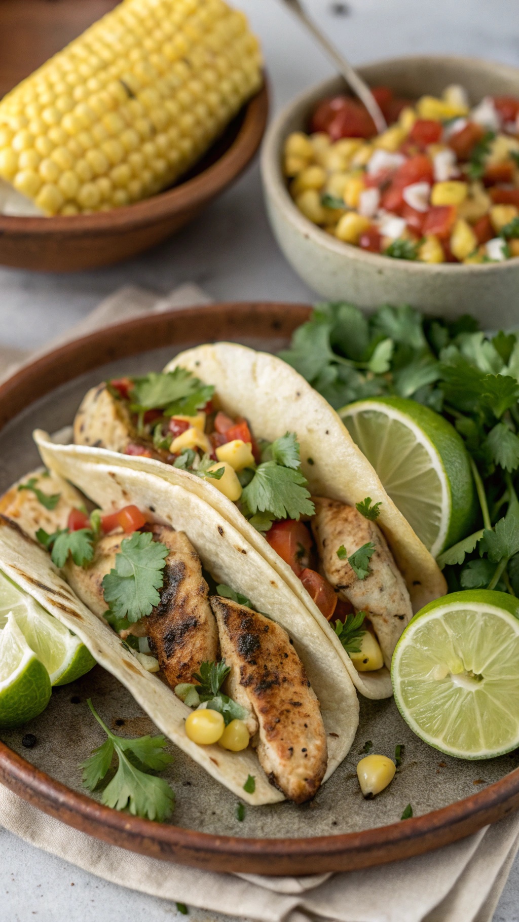 Cilantro-lime chicken tacos served with lime wedges and corn on the side.