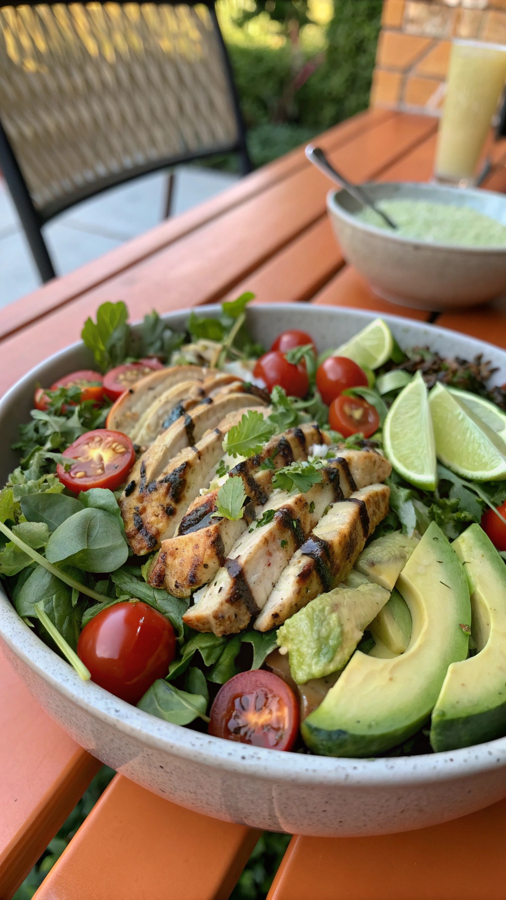 A bowl of cilantro-lime grilled chicken salad with sliced grilled chicken, cherry tomatoes, avocado, and lime wedges on a wooden table.