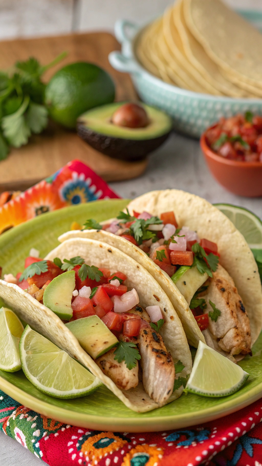Cilantro lime chicken tacos with fresh salsa, avocado, and lime wedges on a colorful plate.