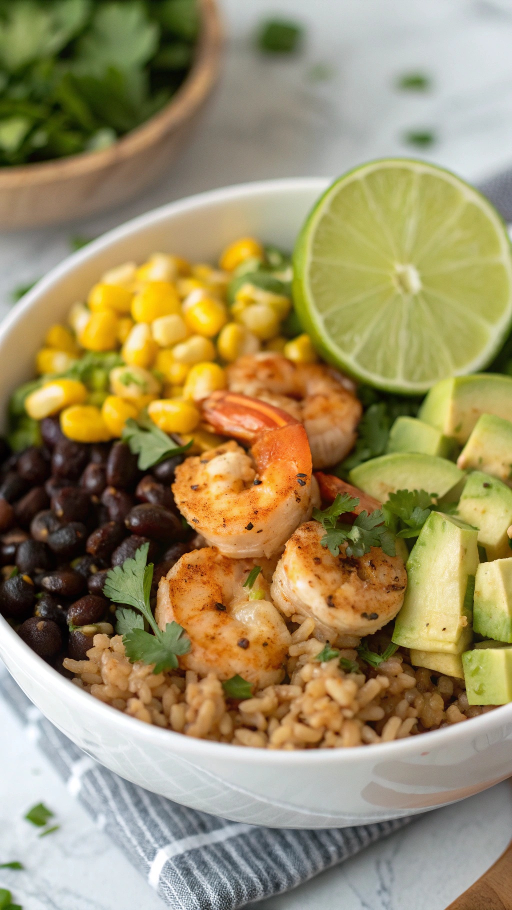 A colorful cilantro lime shrimp bowl with shrimp, black beans, corn, avocado, and lime.