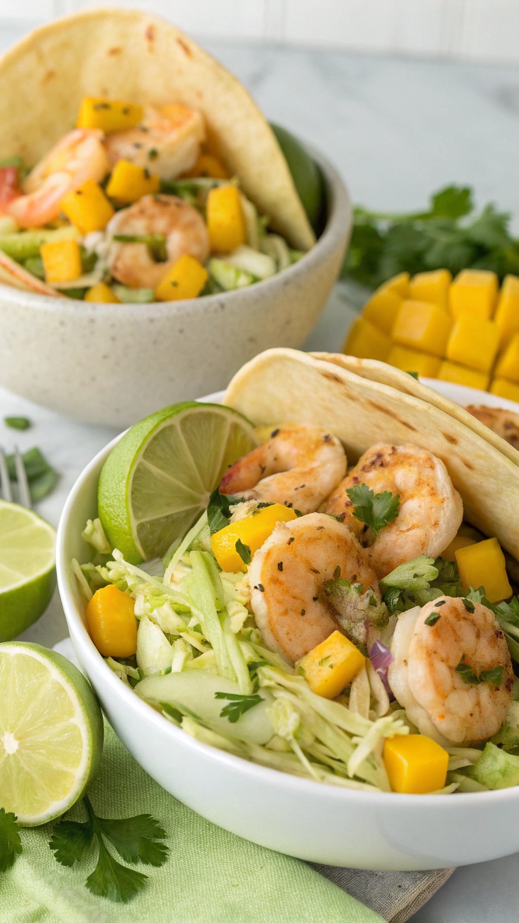 A vibrant cilantro lime shrimp taco salad with cabbage slaw, mango, and lime wedges in bowls.