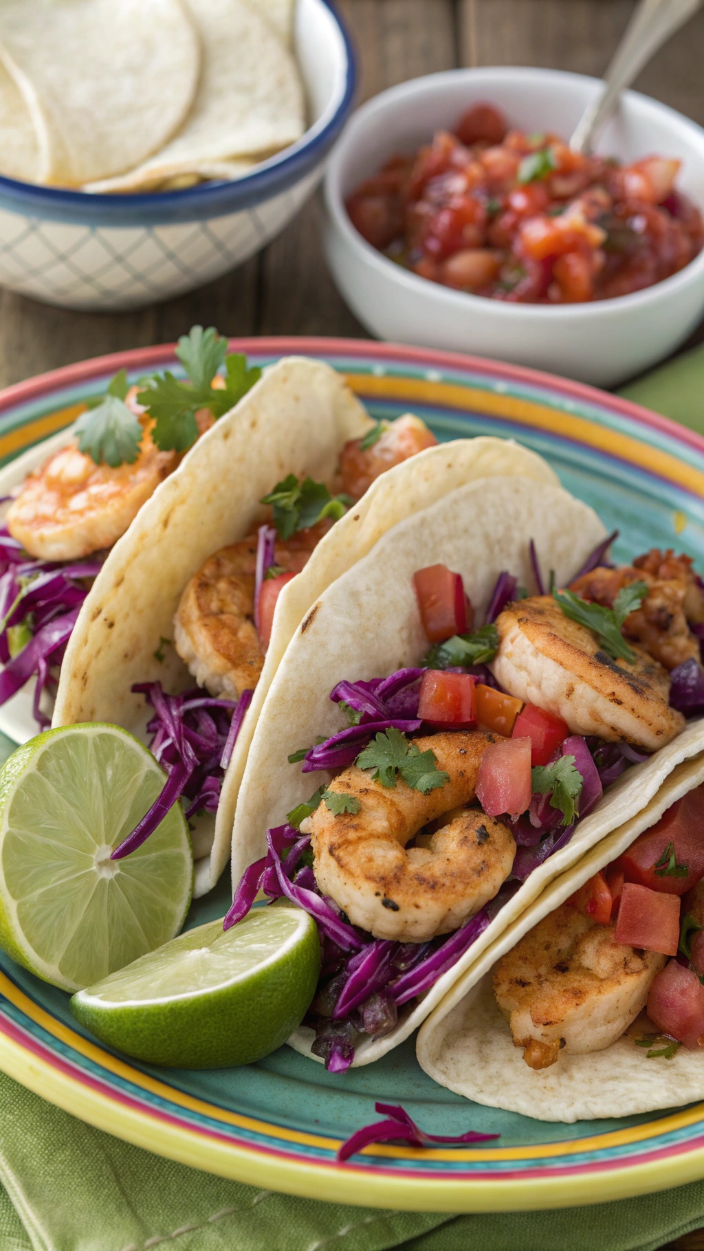 Cilantro lime shrimp tacos with cabbage slaw on a colorful plate, garnished with lime and cilantro.