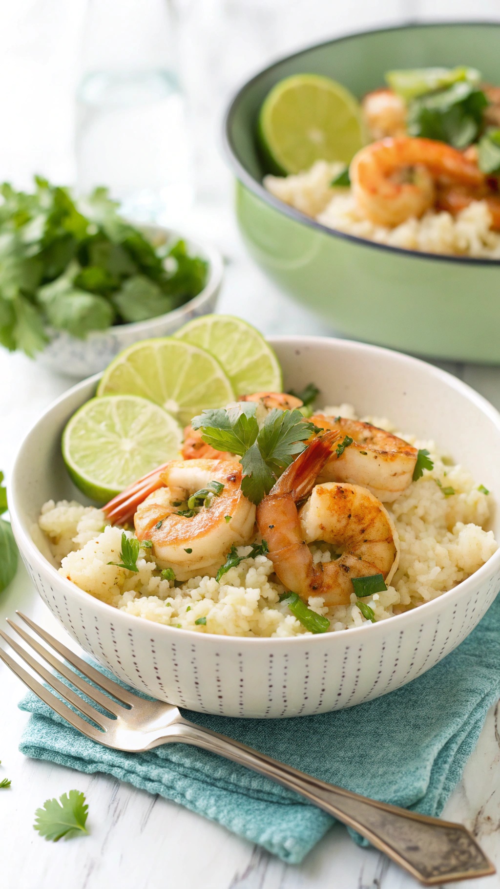A bowl of cilantro lime shrimp served over cauliflower rice with lime wedges and fresh cilantro.